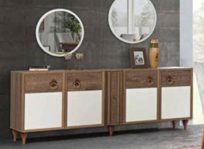 Комоды с ящиками из дерева, шкаф с зеркалом, массивная гостиная.